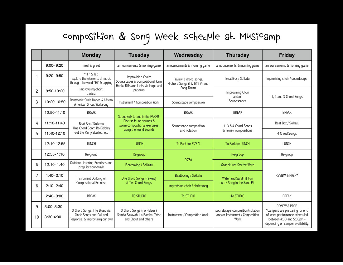 Daily Schedule for Composition & Song Week.